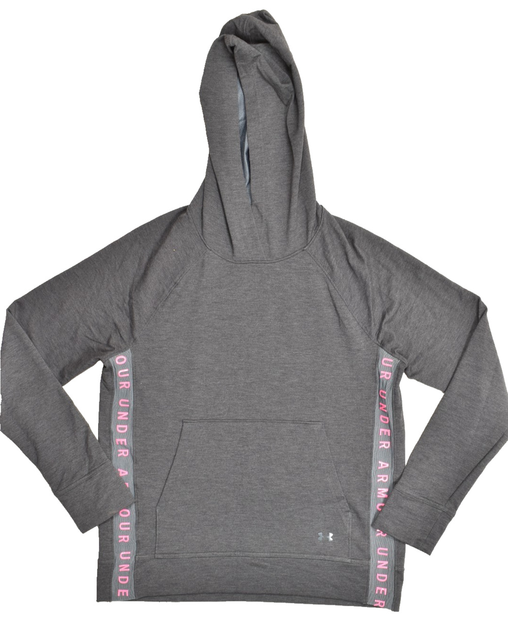 Under Armour Women's Medium Gray Pink Logo Tape Pullover Hoodie Sweatshirt Loose